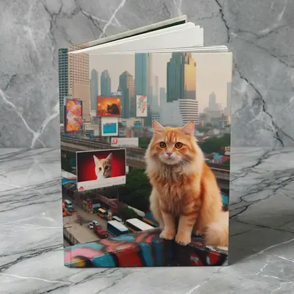 Orange Cat Sitting City Skyline Rooftop