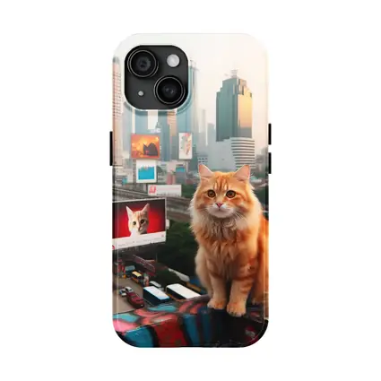 Orange Cat Sitting City Skyline Rooftop