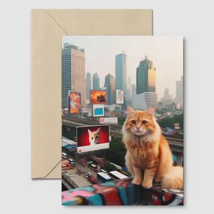 Orange Cat Sitting City Skyline Rooftop