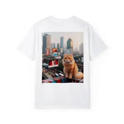 Orange Cat Sitting City Skyline Rooftop