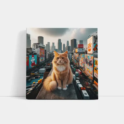 Orange Cat Sitting on Urban Rooftop Skyline
