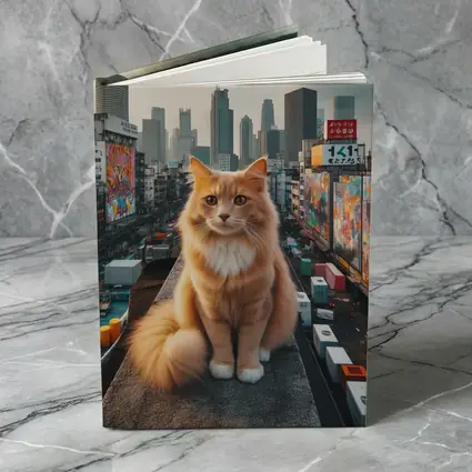 Orange Cat Sitting on Urban Rooftop Skyline