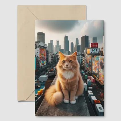 Orange Cat Sitting on Urban Rooftop Skyline