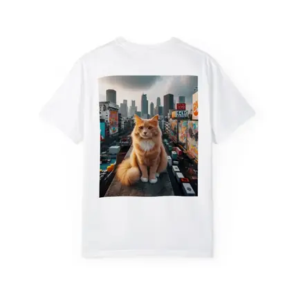 Orange Cat Sitting on Urban Rooftop Skyline