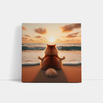 Fluffy Orange Cat Meditating Beach Sunset