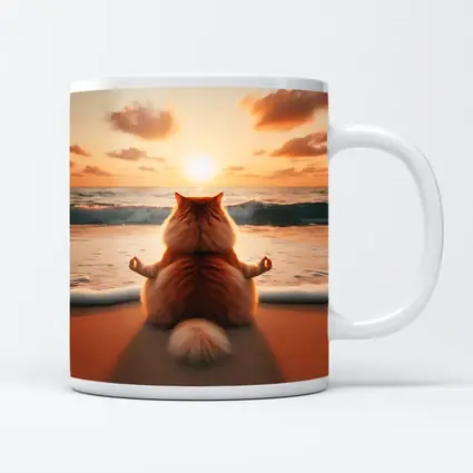 Fluffy Orange Cat Meditating Beach Sunset