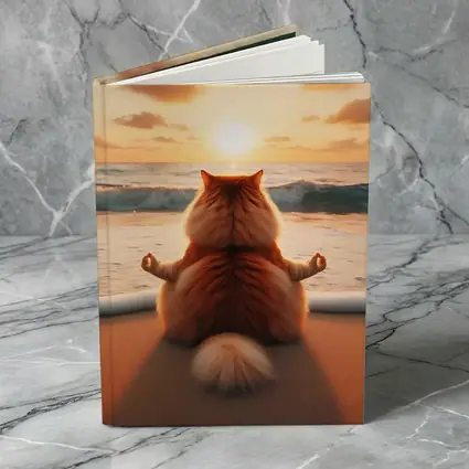 Fluffy Orange Cat Meditating Beach Sunset