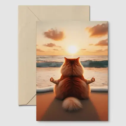 Fluffy Orange Cat Meditating Beach Sunset