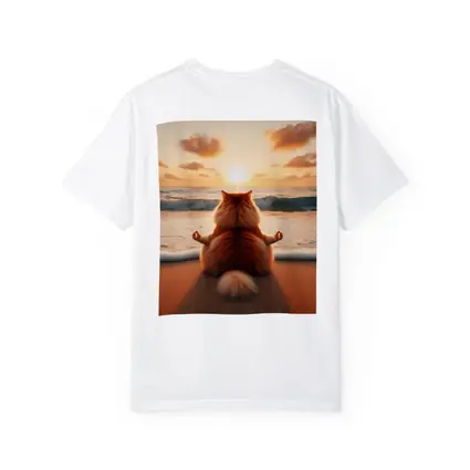 Fluffy Orange Cat Meditating Beach Sunset