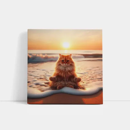 Orange Cat Meditating On Sunset Beach