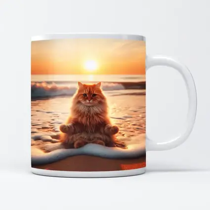 Orange Cat Meditating On Sunset Beach