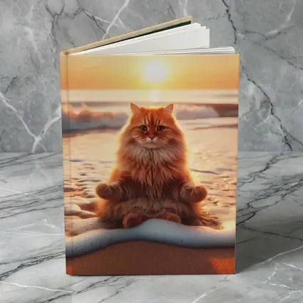 Orange Cat Meditating On Sunset Beach
