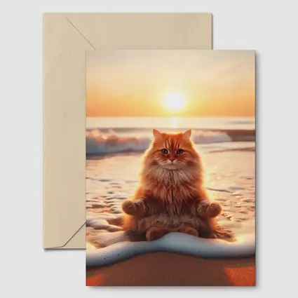 Orange Cat Meditating On Sunset Beach