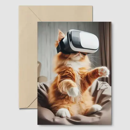 Orange Cat Wearing VR Headset Indoors