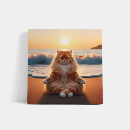 Fluffy Orange Cat Meditating Beach Sunset