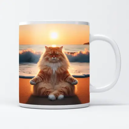 Fluffy Orange Cat Meditating Beach Sunset