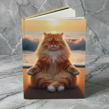 Fluffy Orange Cat Meditating Beach Sunset