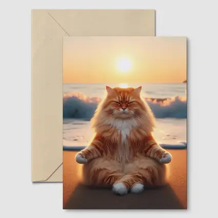 Fluffy Orange Cat Meditating Beach Sunset