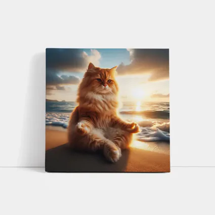 Fluffy Orange Cat Meditating Beach Sunset