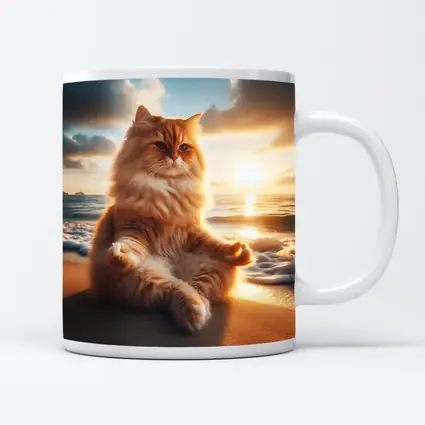 Fluffy Orange Cat Meditating Beach Sunset