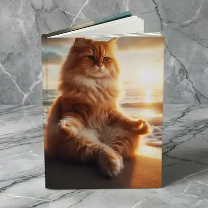 Fluffy Orange Cat Meditating Beach Sunset