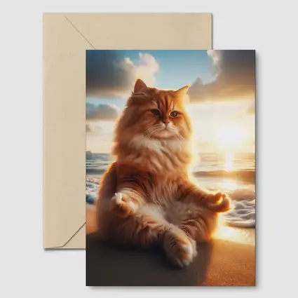 Fluffy Orange Cat Meditating Beach Sunset