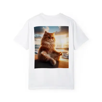 Fluffy Orange Cat Meditating Beach Sunset