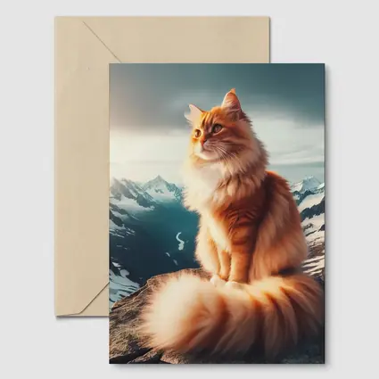 Orange Norwegian Forest Cat Snowy Mountain Summit
