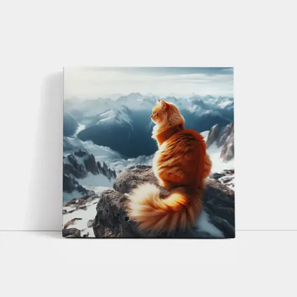 Orange Cat Sitting on Snowy Mountain Peak