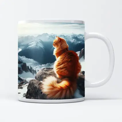 Orange Cat Sitting on Snowy Mountain Peak