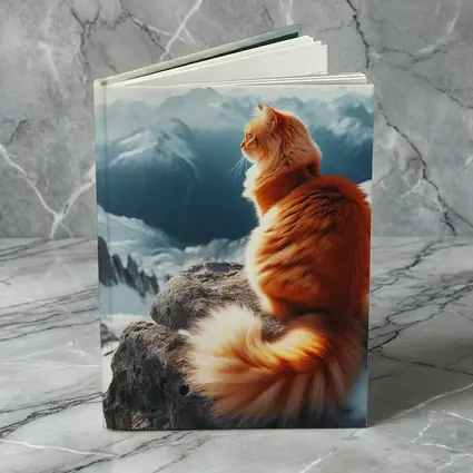Orange Cat Sitting on Snowy Mountain Peak