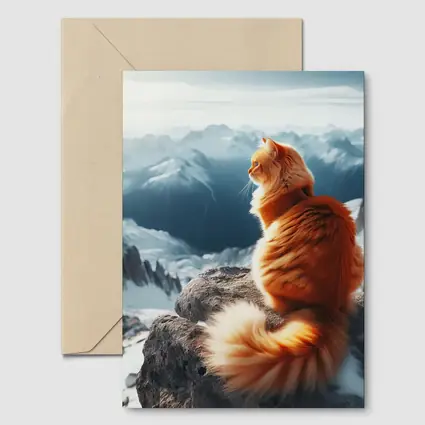 Orange Cat Sitting on Snowy Mountain Peak