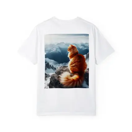 Orange Cat Sitting on Snowy Mountain Peak