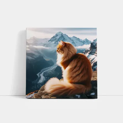 Fluffy Orange Cat Sitting on Mountain Peak