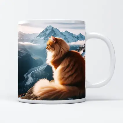 Fluffy Orange Cat Sitting on Mountain Peak