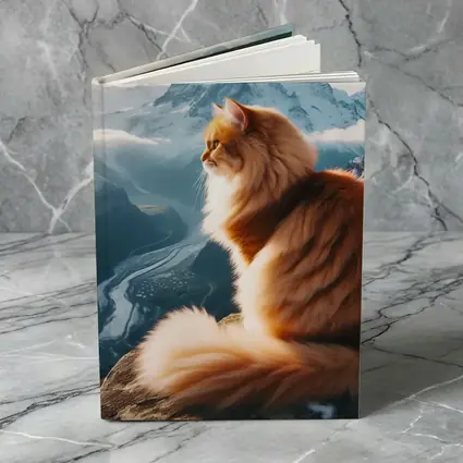 Fluffy Orange Cat Sitting on Mountain Peak