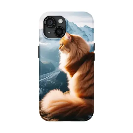 Fluffy Orange Cat Sitting on Mountain Peak