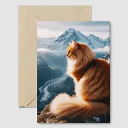 Fluffy Orange Cat Sitting on Mountain Peak
