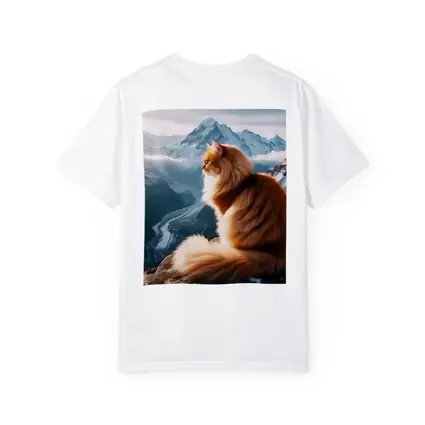 Fluffy Orange Cat Sitting on Mountain Peak