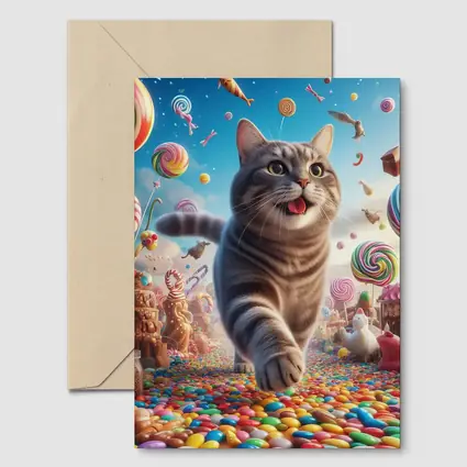 Gray Tabby Cat Running Through Candy Land