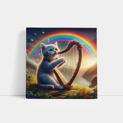 Gray Cat Playing Harp Rainbow Fantasy Landscape