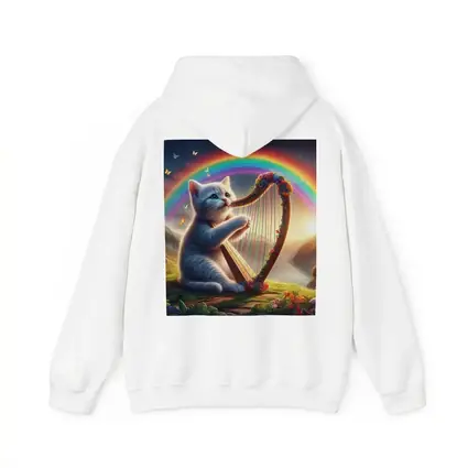 Gray Cat Playing Harp Rainbow Fantasy Landscape
