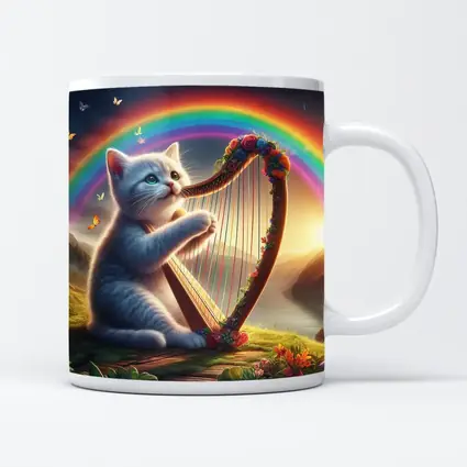 Gray Cat Playing Harp Rainbow Fantasy Landscape