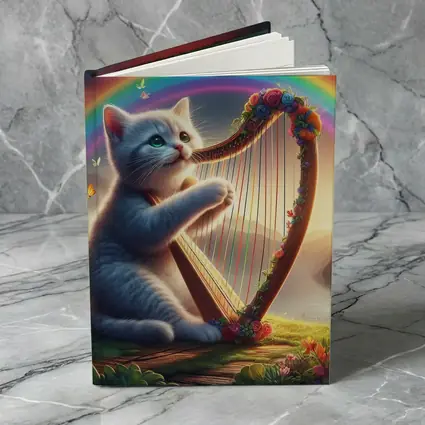 Gray Cat Playing Harp Rainbow Fantasy Landscape
