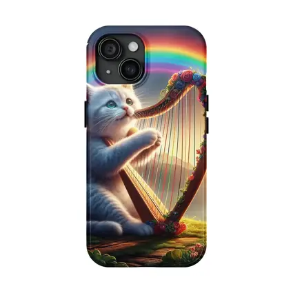 Gray Cat Playing Harp Rainbow Fantasy Landscape