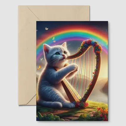 Gray Cat Playing Harp Rainbow Fantasy Landscape