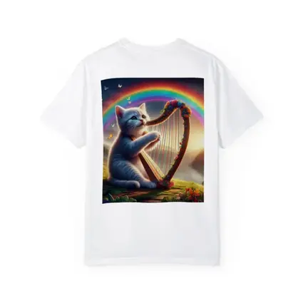 Gray Cat Playing Harp Rainbow Fantasy Landscape
