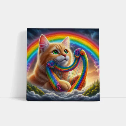 Orange Cat Playing Rainbow Harp on Clouds