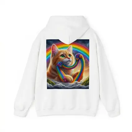 Orange Cat Playing Rainbow Harp on Clouds