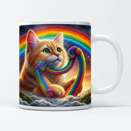Orange Cat Playing Rainbow Harp on Clouds